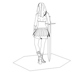 warrior woman character, 3D illustration, sketch, outline