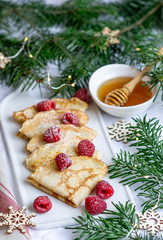Homemade Pancakes with Raspberry and Honey, Christmas and New Year Decor,  Easy Food Concept Breakfast 