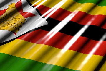 beautiful shiny - looking like plastic flag of Zimbabwe with big folds lay diagonal - any occasion flag 3d illustration..