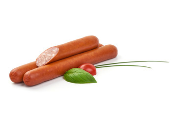 Sausages for frying, hunting sausages, close-up, isolated on white background