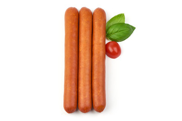 Smoked Hunting Sausages, grill sausages, top view, isolated on white background