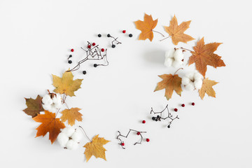 Autumn creative composition. Dried yellow leaves, dry berries, cotton flowers on white background. Autumn concept. Fall background. Flat lay, top view, copy space