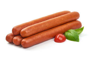 Smoked pork sausages, grill sausages, close-up, isolated on white background