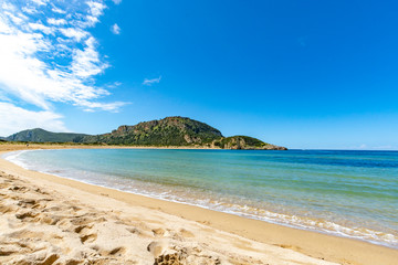 Voidokilia Beach, popular white sand and blue clear water beach in Messinia in Mediterranean area in shape of Greek letter omega, Peloponnese, Greece.