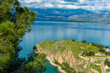 Landscape with view on Nafplio, seaport town in the Peloponnese in Greece, capital of the regional unit of Argolis, tourist travel and vacation destination