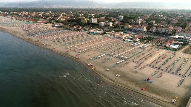 Aerial view of the Marina di Pietrasanta beach in the early morning in Versilia, Tuscany, Italy