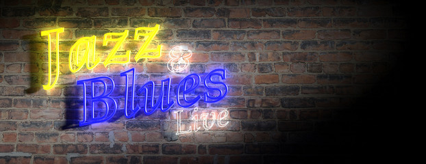 Jazz and Blues sign, neon light, dark brick wall background. 3d illustration