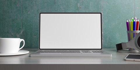 Laptop with blank screen on a desk. 3d illustration