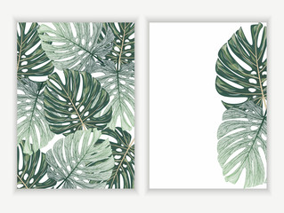 Invitation card with leaves palm, watercolor. Vector Watercolour.