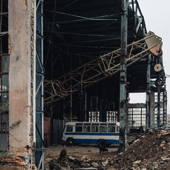 Ruins of industrial enterprise, dark debris destroyed factory premises
