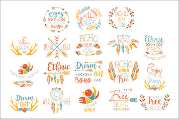 Boho Logo Hand Drawn Banner Set Of Artistic Decorative Vector Design Writing. © topvectors