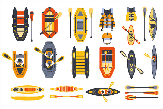 Canoe Sport Equipment Set Flat Simplified Cartoon Style Bright Color Vector Illustration On White Background.