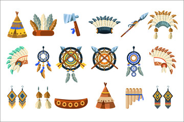 North American Indians Culture Set Of Simple Flat Realistic Vector Illustrations.