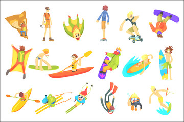 Extreme Sports Illustration Set Of Cool Stylized Flat Vector Drawings On White Background.
