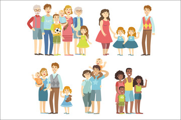 Fototapeta premium Happy Families Posing Together Simplified Cartoon Style Flat Vector Colorful Illustrations On White Background.