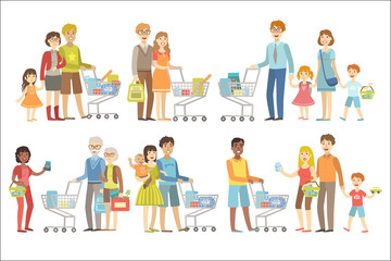 Families Grocery Shopping Together Simplified Cartoon Style Flat Vector Colorful Illustrations On White Background.