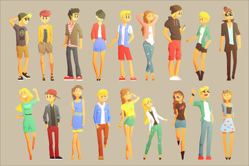 Young Stylishly Dressed People Flat Cool Cartoon Style Vector Drawings Set.