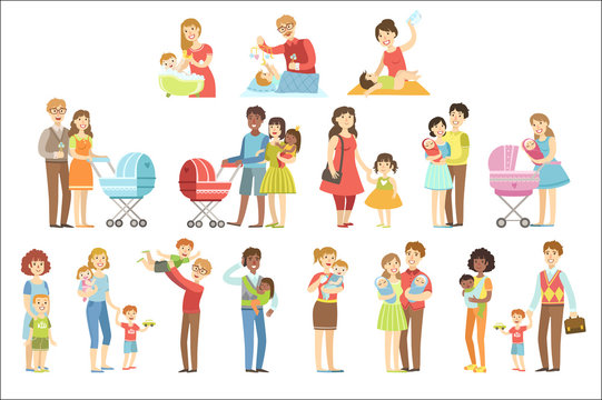 Happy Families With Small Children Flat Childish Cartoon Style Bright Color Vector Illustration On White Background.