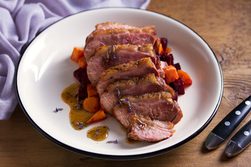 Duck breast with lavender, beetroot, sweet potato and maple syrup