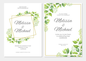 Wedding invitation with green leaves border. Floral invite card template set. Vector illustration.