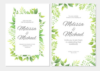 Wedding invitation with green leaves border. Floral invite card template set. Vector illustration.