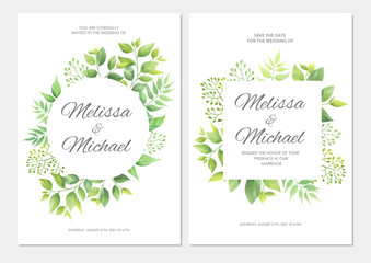 Wedding invitation with green leaves border. Floral invite card template set. Vector illustration.