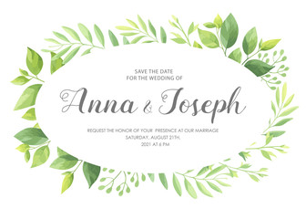 Wedding invitation with green leaves border. Floral invite card template set. Vector illustration.