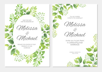 Wedding invitation with green leaves border. Floral invite card template set. Vector illustration.