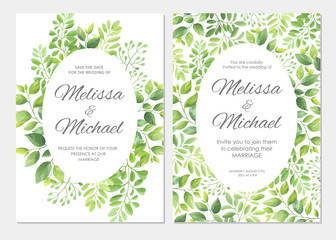 Wedding invitation with green leaves border. Floral invite card template set. Vector illustration.