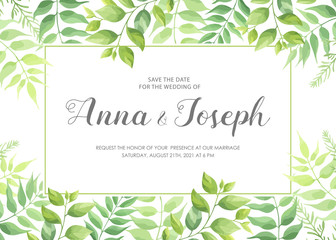 Wedding invitation with green leaves border. Floral invite card template. Vector illustration.