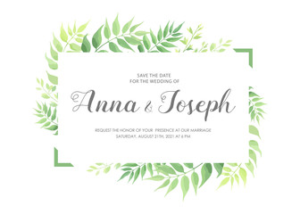 Wedding invitation with green leaves border. Floral invite card template. Vector illustration.