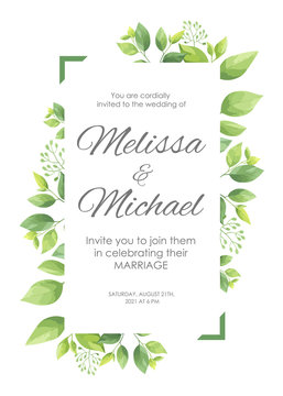 Wedding invitation with green leaves border. Floral invite card template. Vector illustration.