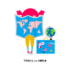 Young traveler flat vector illustration. Kid holding world map, searching location isolated cartoon character on white background. Schoolgirl, traveling suitcase and globe design element