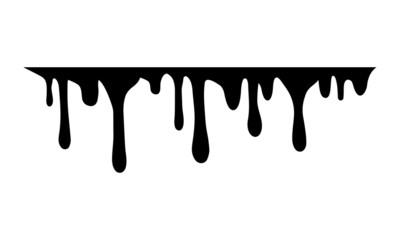 Black melt drips or liquid paint drops isolated on white background. Vector oil leak splash or chocolate syrup for graffiti splatter borders