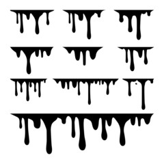 Black melt drips or liquid paint drops set isolated on white background. Vector oil leak splash or chocolate syrup for graffiti splatter borders