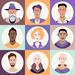 A set of diverse male and female avatars, simple flat cartoon style. Minimalistic people faces, vector illustration.