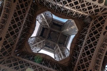 Looking up through The Eiffel Tower in Paris, France