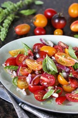 cherry tomato salad with basil and red onion, large sea salt and olive oil
