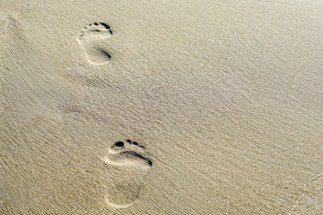 Fototapeta na wymiar woman footprints in sand on the seashore