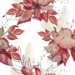 Background of roses, twigs and leaves. Seamless pattern.