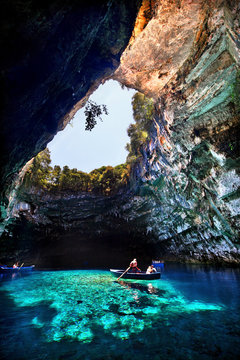 Boat ride in "cave-lake" of Melissani, in Kefalonia island, Ionian sea, Greece.