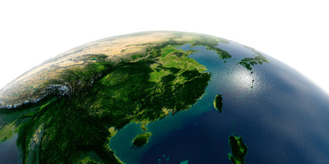 Detailed Earth on white background. Eastern China and Taiwan