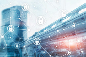 Cyber security, information privacy, data protection concept on modern server room background. Internet and digital technology concept.