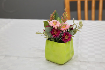 Red and pink primroses in spring blooming in a green pot on a white background announce spring and warm weather . Pot with artificial red and pink daisy flower.