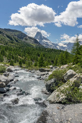 Obraz premium landscape in the Zermatt area with Findel Creek in the foreground and famous mount Matterhorn in the background, Canton Valais,Wallis,Switzerland