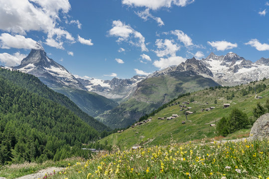 traditional wooden houses in the village of Findeln, high above of Zermatt, Vallais,Wallis, Switzerland, famous Mount Matterhorn in the background