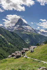 traditional wooden houses in the village of Findeln, high above of Zermatt, Vallais,Wallis, Switzerland, famous Mount Matterhorn in the background