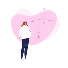 Vector modern flat pregnancy banner. Pregnant woman with belly standing with fluid heart shape and hcg hormone structure isolated on white background. Design element for poster, infographic, education