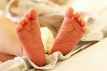 Tiny delicate feet of newborn baby on a bed.