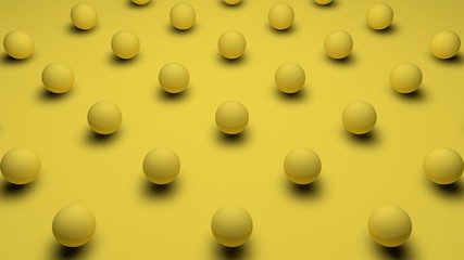 3D rendering of a set of spherical objects of yellow color with a wavy surface, on a yellow matte background. Image for the desktop background. Abstract, 3D illustration of futuristic design.